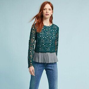 Maeve Anthropologie green floral lacy top with black and white plaid underlay
